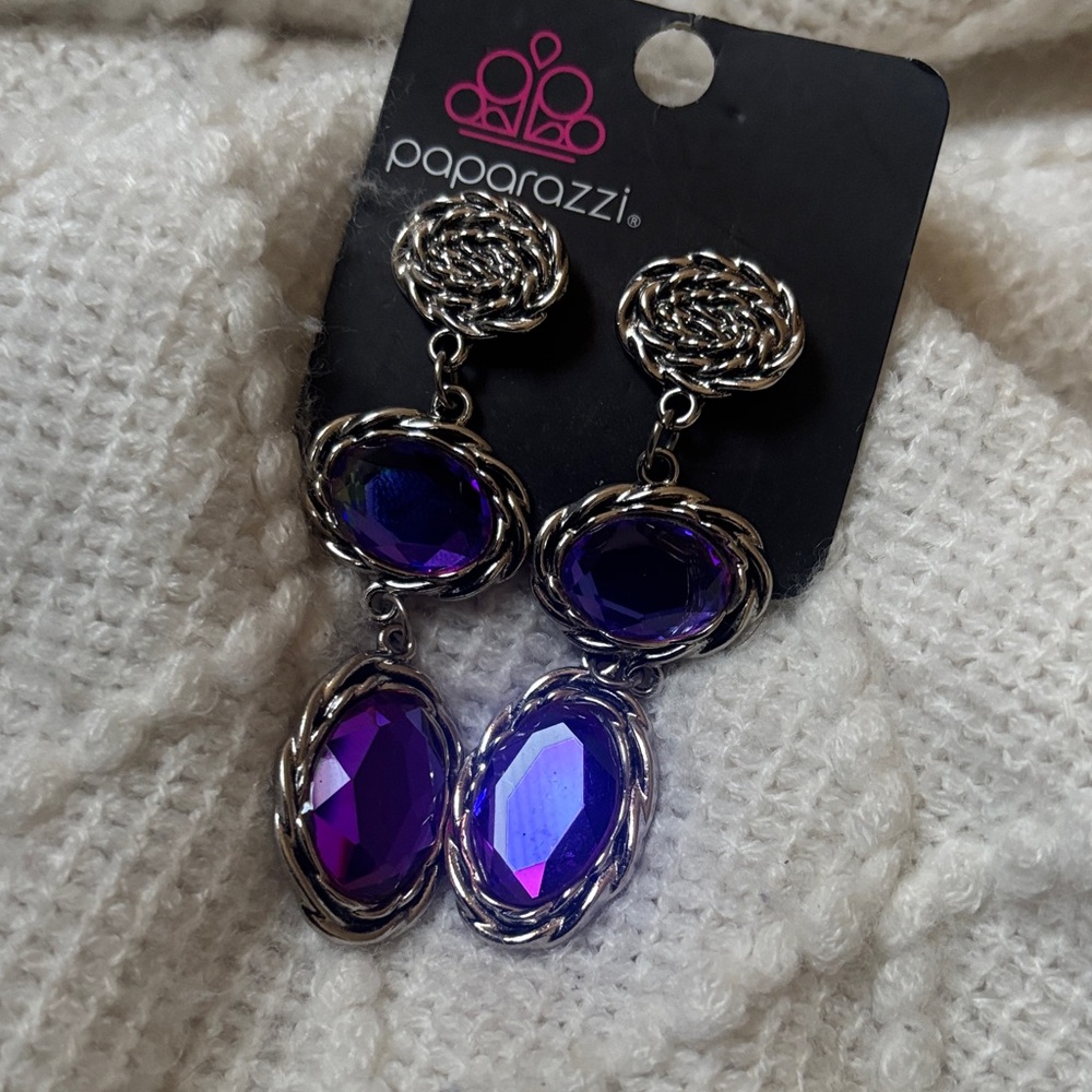 paparazzi Purple Faceted Triple Drop Earrings - Silver Tone